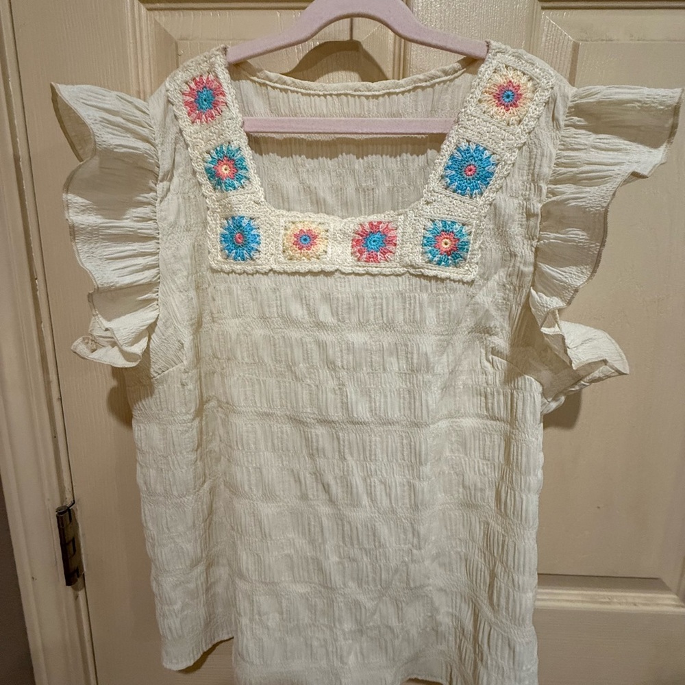SHEIN Cream Ruffle Sleeve Blouse with Blue and Pink Crochet Accents